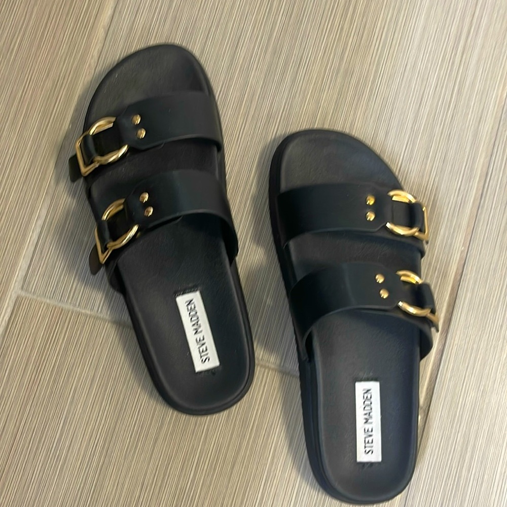 Steve Madden Black Sandals with Gold Buckles